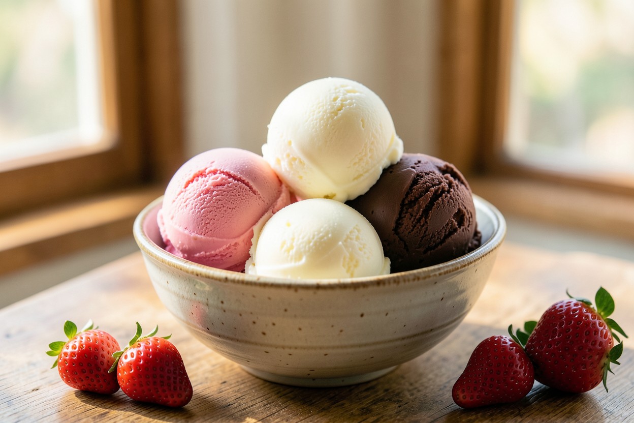Helado cremoso servido con fresas frescas