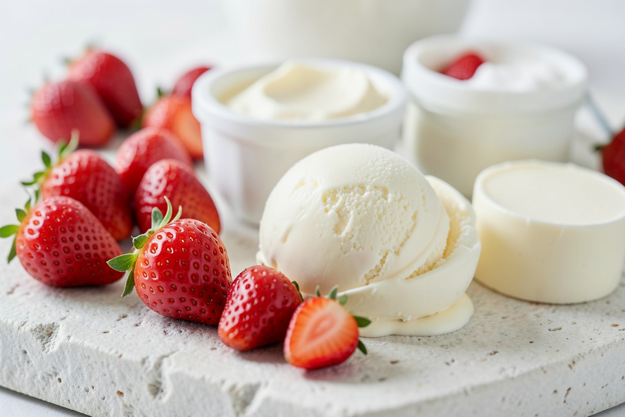 Fresas e ingredientes para preparar helado