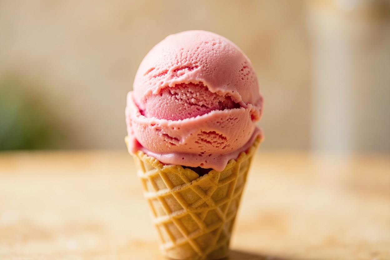 Helado rosado servido en un cono